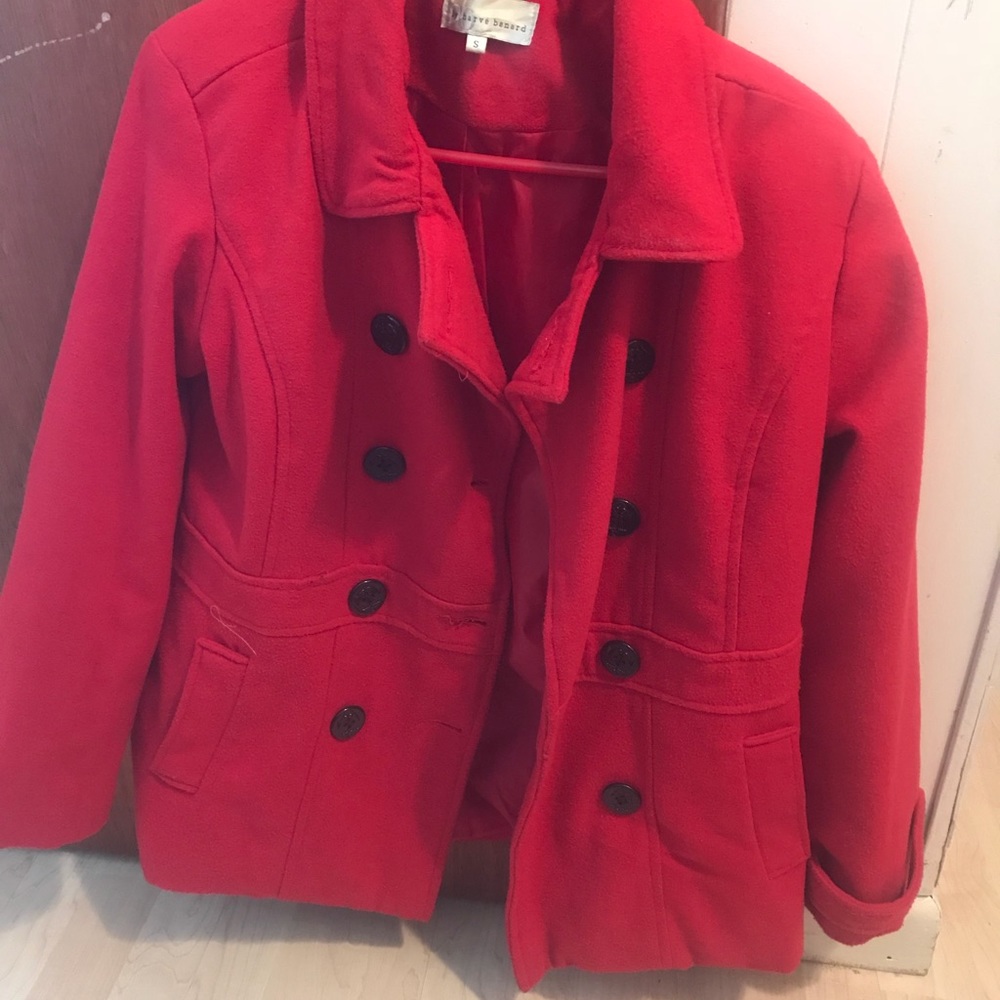Red coat. Cute, warm, cozy.